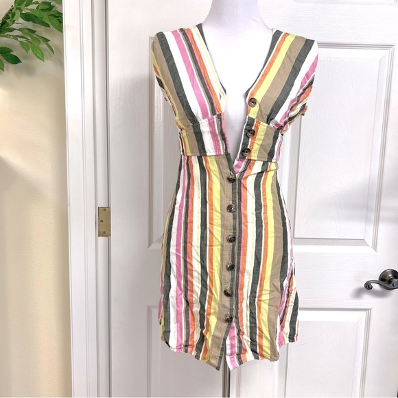LOFT Striped rainbow Button Flare mini Dress women’s size 0 Petite boho Viscose - Picture 2 of 10
